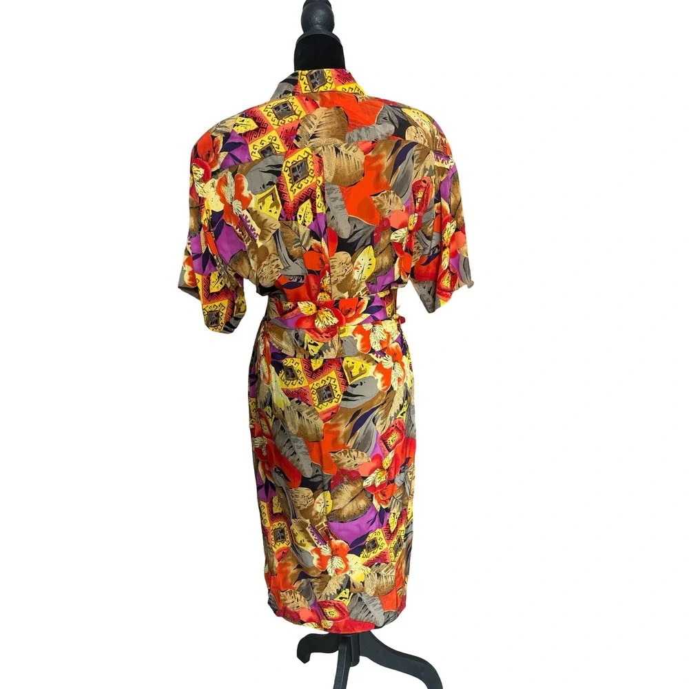 Vintage 100% Silk Tropical Floral Geometric Belted Wrap Midi‎ Dress Multicolor